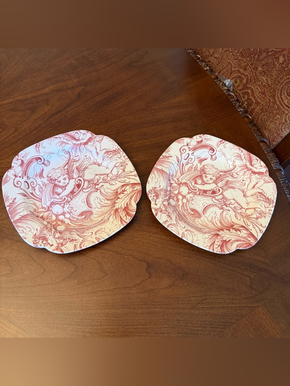 Set of 2 Spode Pattern SP942 (Red Plant, Fruit, No Trim) 9” Square Salad Plates
